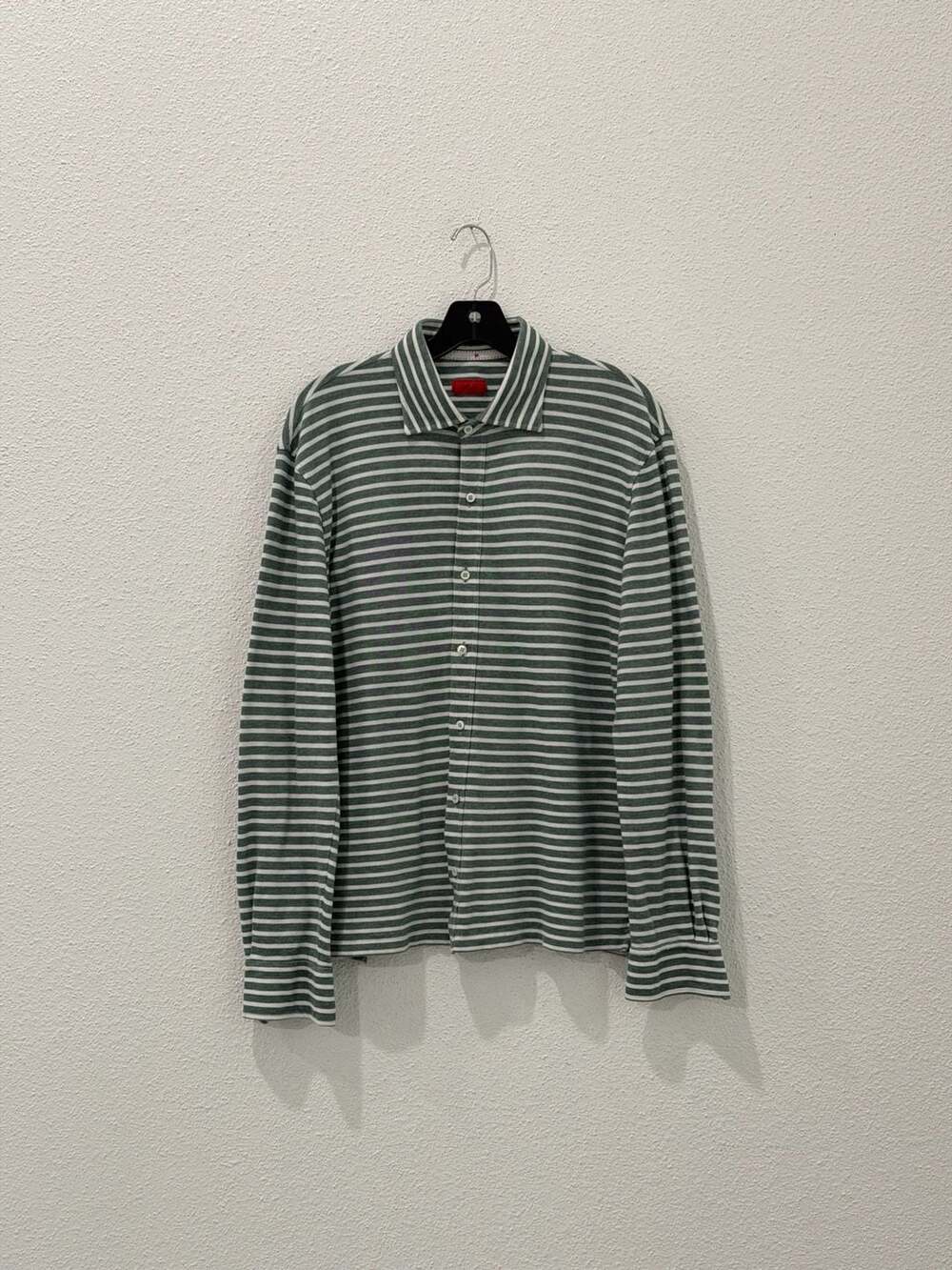 Isaia Green and White Striped Long-Sleeve Polo